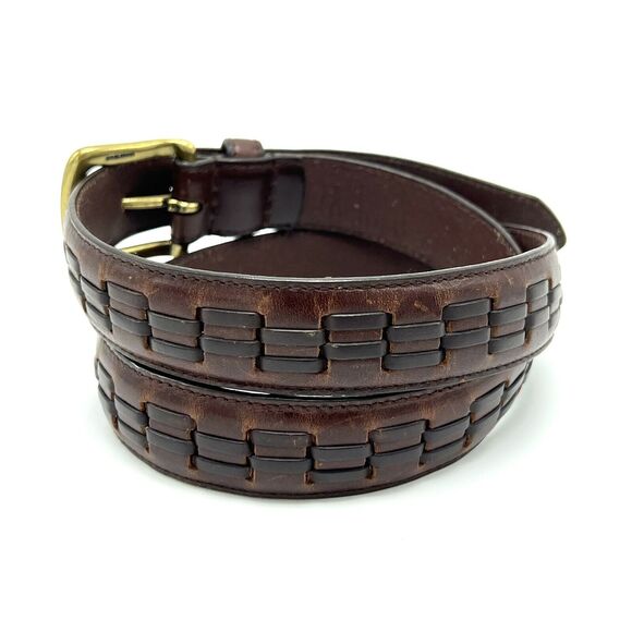 Woven Brown Leather Belt 34 Solid Brass Buckle Vintage Boho Western Streetwear - Picture 6 of 11